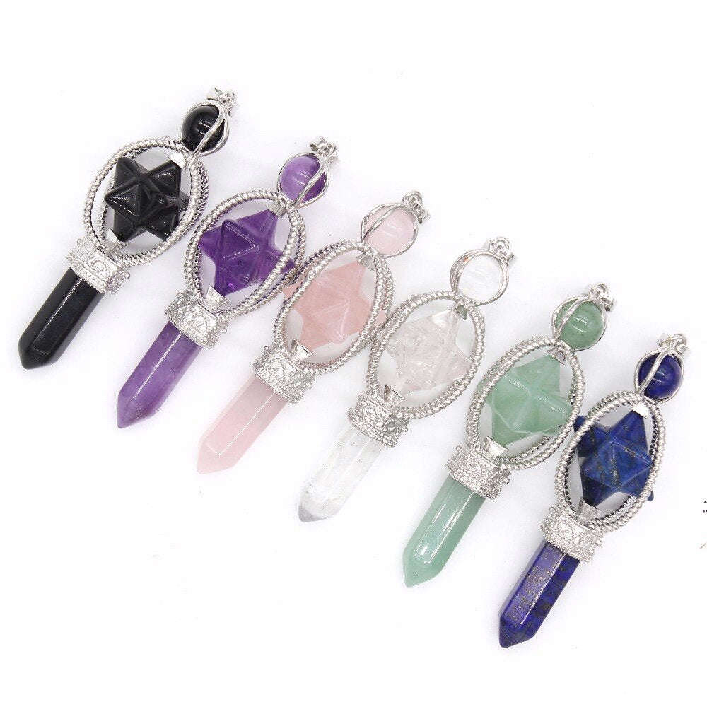 Natural Gnergy Gemstone Vintage Silver Plated Amethysts Energy Symbol Sceptre Pendant With Round Beads Rose Pink Quartz Jewelry