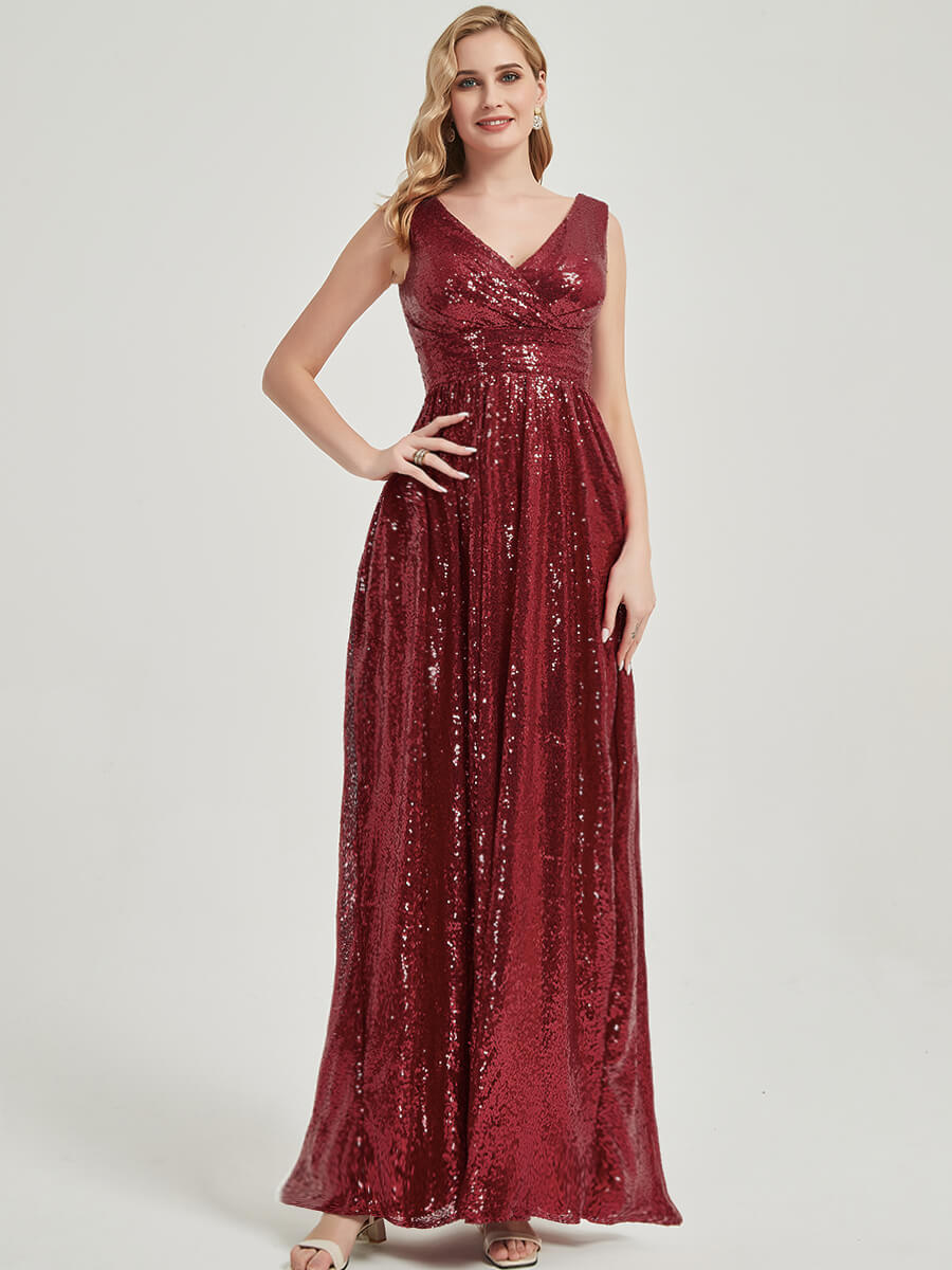 Wine Red V-Neck Sleeveless Floor Length Sequin Bridesmaid Dress