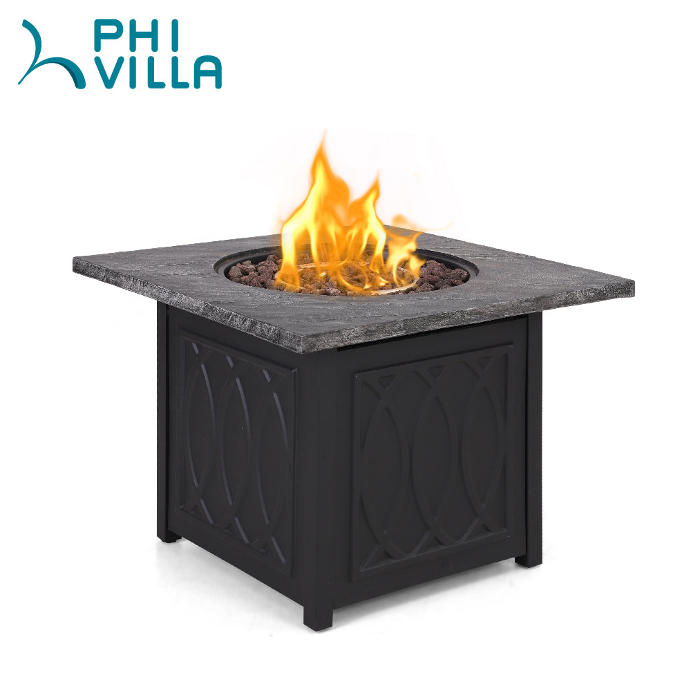 PHI VILLA 32 Inch 50,000 BTU Outdoor Terrafab Square Gas Fire Pit Table With Lid & Lava Rocks & PVC Cover