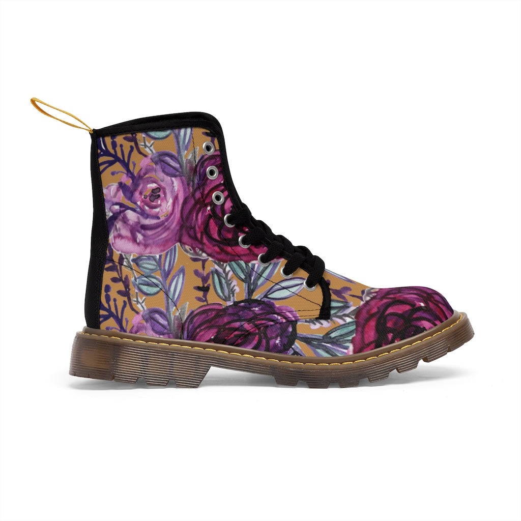 Brown Purple Floral Women's Boots - Vintage Style Combat Hiking Boots