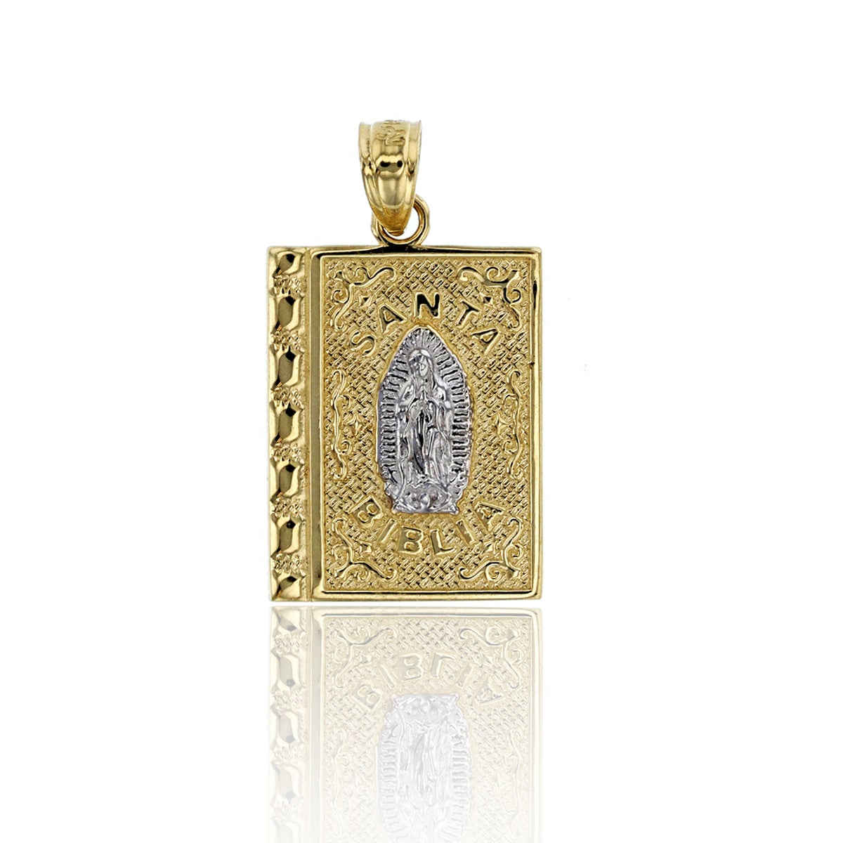 14K Two-Tone Gold Textured Santa Biblia with Jesus Charm Pendant