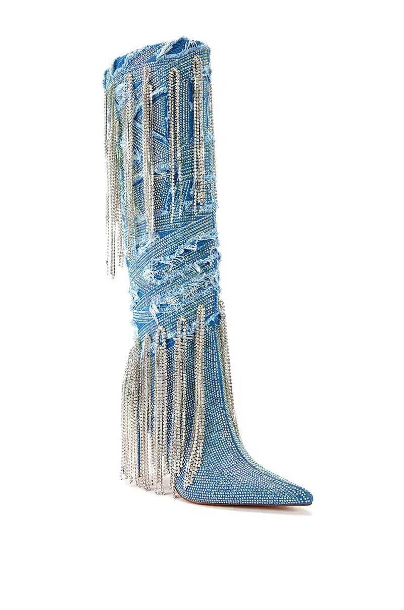 Denim Cowgirl Boot with Rhinestone Details