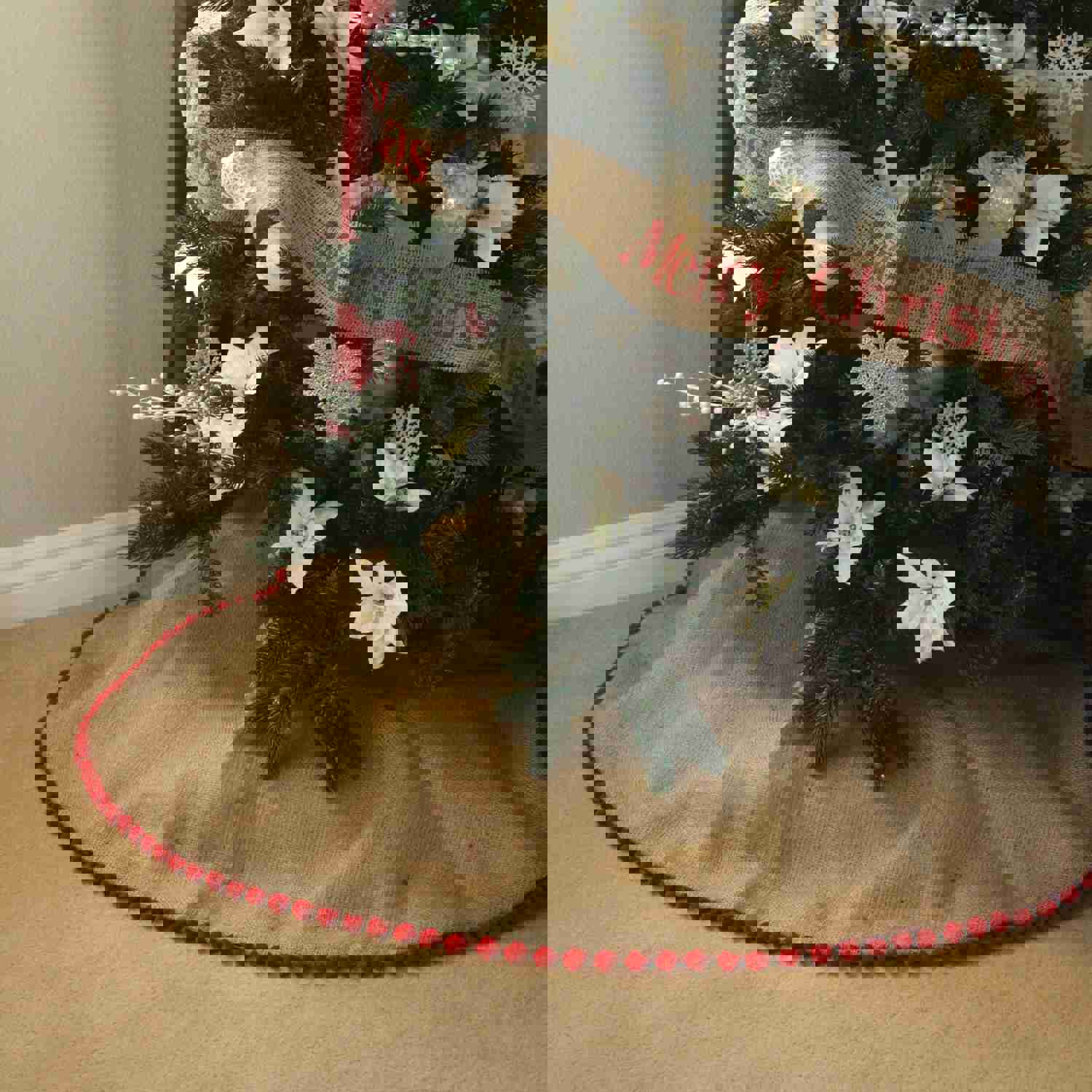 36 Inch Burlap Christmas Tree Skirt with Pom Pom Fringe
