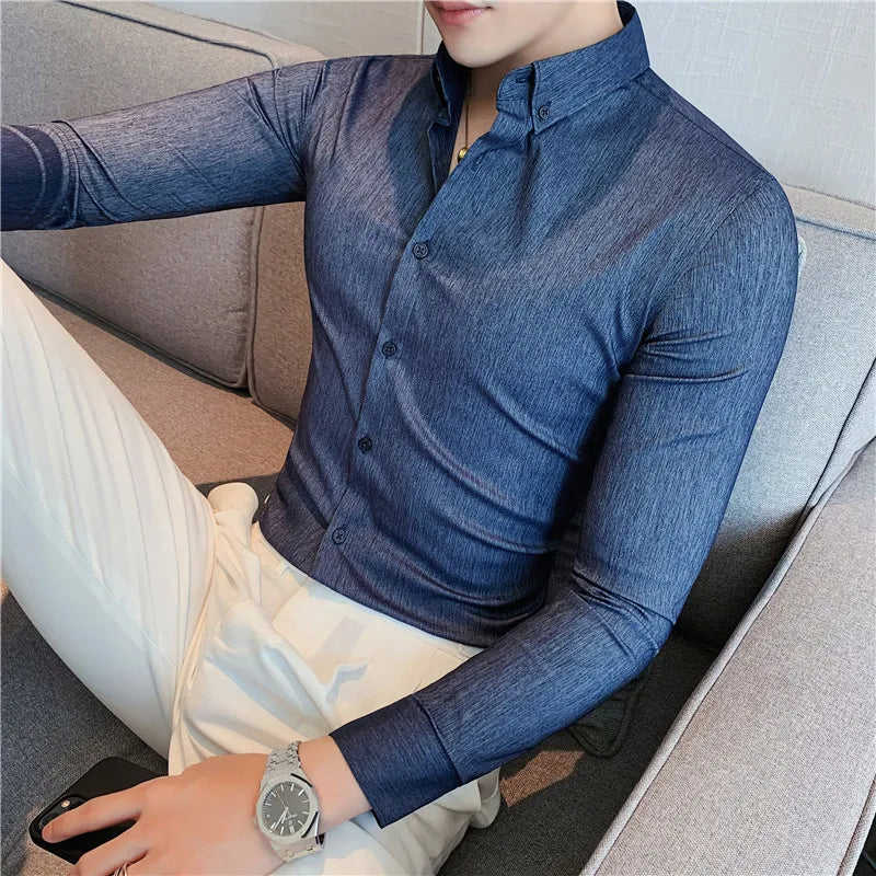 Nukty British Style Men's Long Sleeved Shirt - Slim Fit, Anti-Wrinkle, Casual Dress Shirt