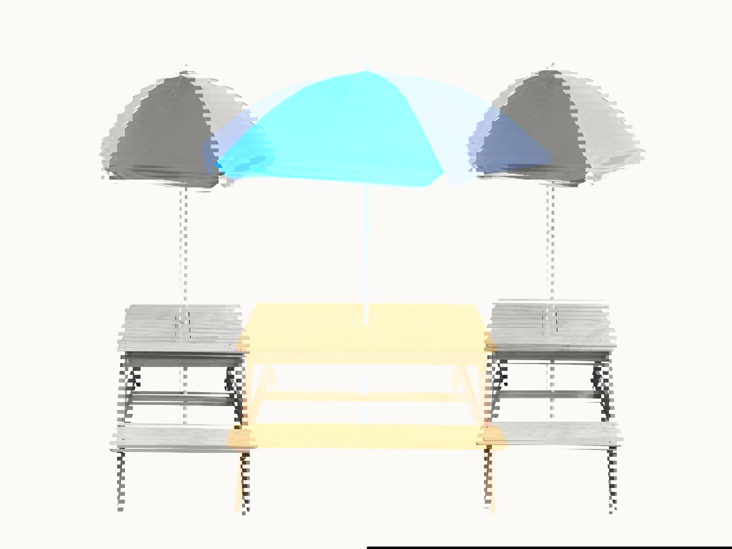 BTExpert Kids 3-in-1 Sand Water Activity Table Wooden Outdoor Convertible Picnic Table Bench with Adjustable Umbrella