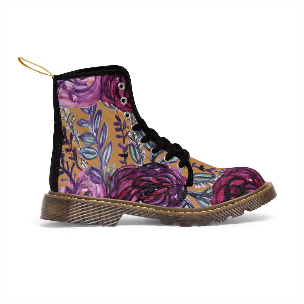 Brown Purple Floral Women's Boots - Vintage Style Combat Hiking Boots