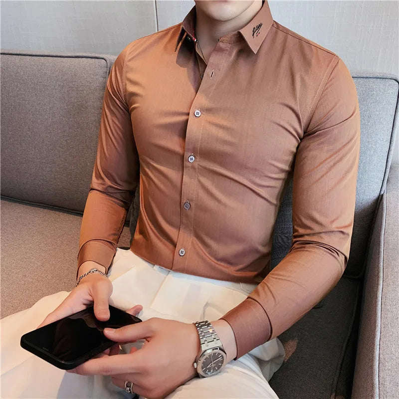 Nukty British Style Men's Long Sleeved Shirt - Slim Fit, Anti-Wrinkle, Casual Dress Shirt