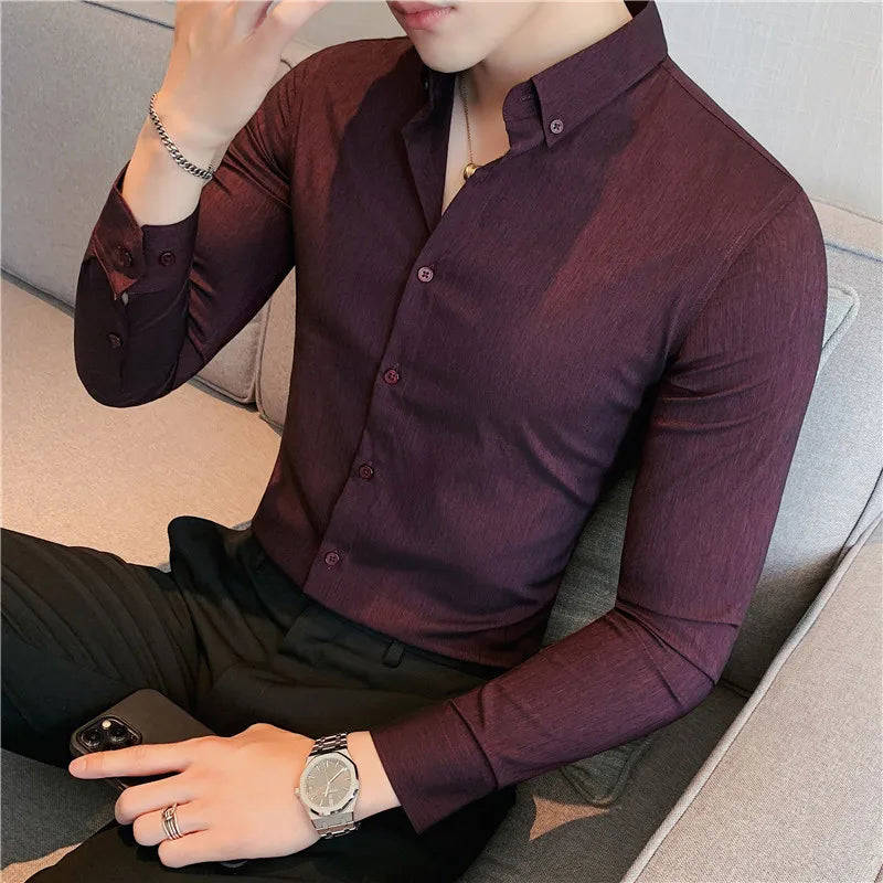 Nukty British Style Men's Long Sleeved Shirt - Slim Fit, Anti-Wrinkle, Casual Dress Shirt