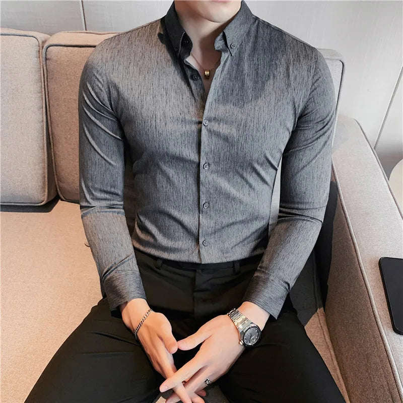 Nukty British Style Men's Long Sleeved Shirt - Slim Fit, Anti-Wrinkle, Casual Dress Shirt