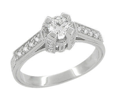 Art Deco 1/2 Carat Diamond Engraved Scrolls Castle Engagement Ring in Platinum