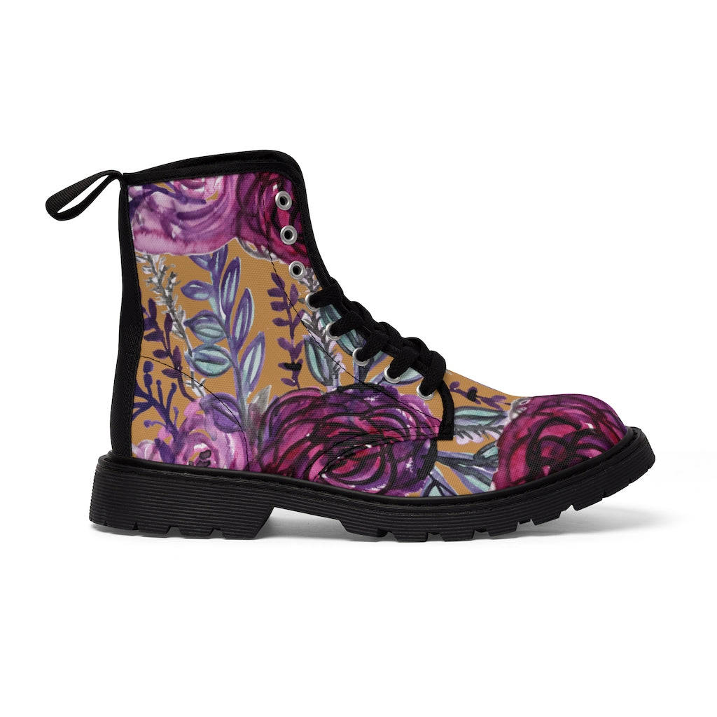 Brown Purple Floral Women's Boots - Vintage Style Combat Hiking Boots