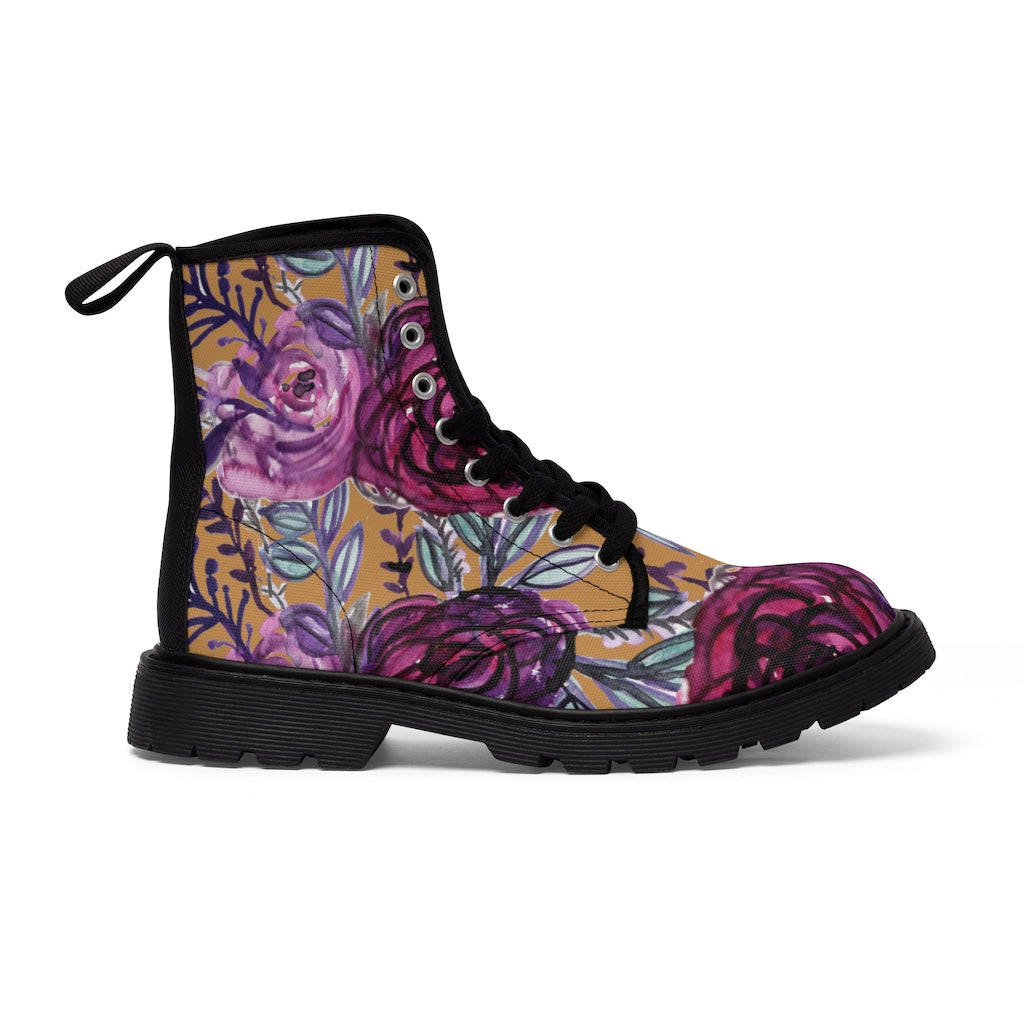 Brown Purple Floral Women's Boots - Vintage Style Combat Hiking Boots