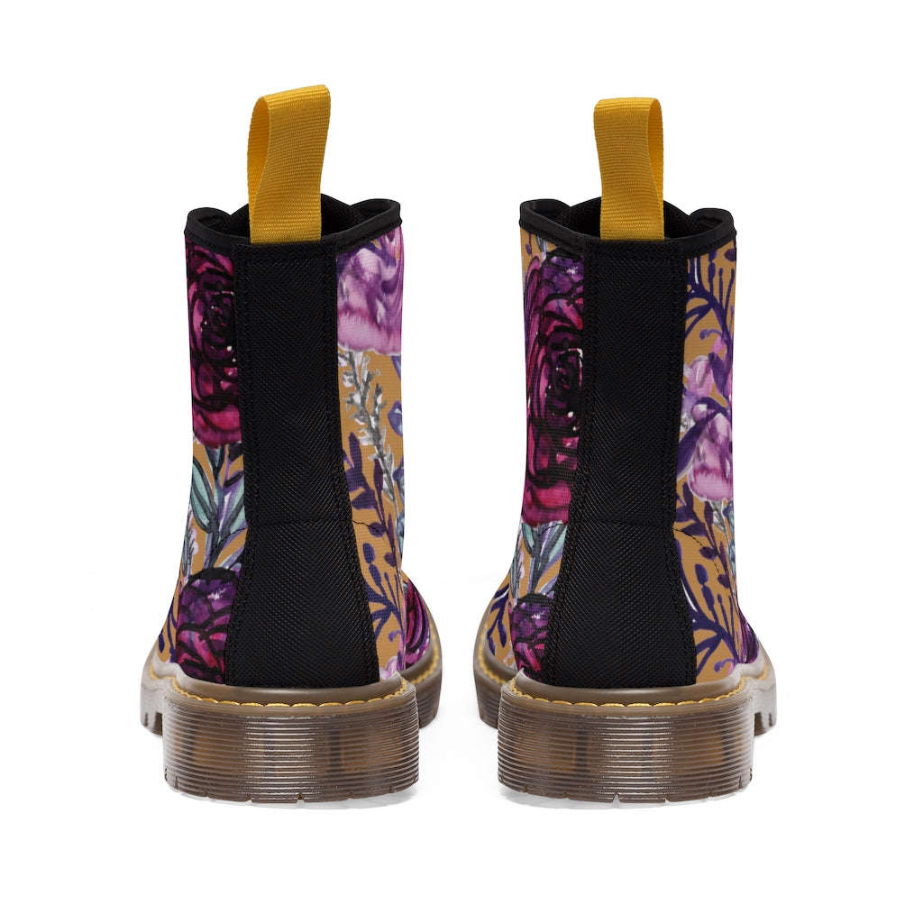 Brown Purple Floral Women's Boots - Vintage Style Combat Hiking Boots
