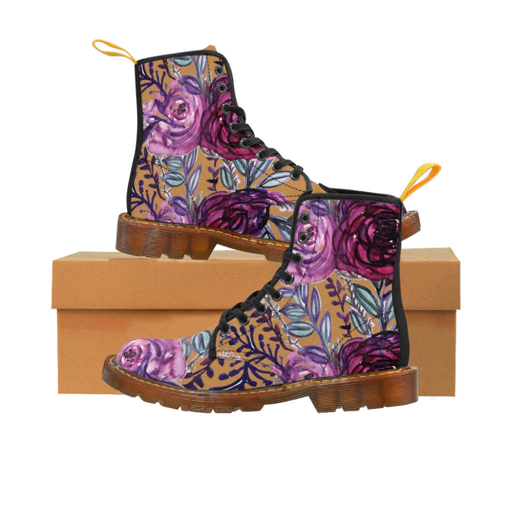 Brown Purple Floral Women's Boots - Vintage Style Combat Hiking Boots