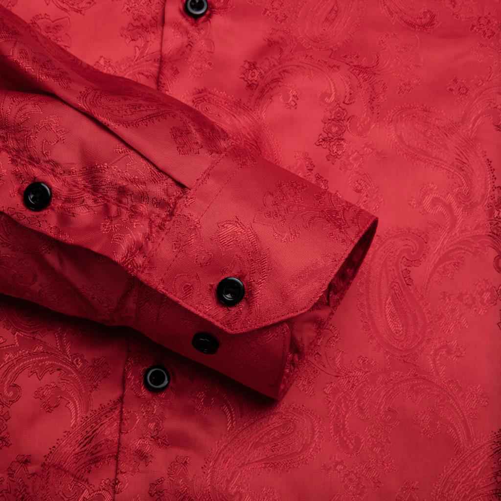 Red Wine Solid Paisley Silk Long Sleeve Shirt
