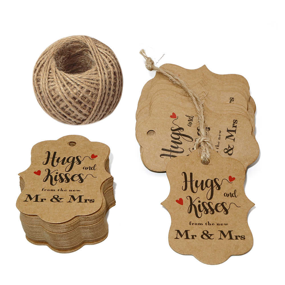 Original Design 100PCS Hug & Kisses Wedding Favor Gift Tags with Jute Twine for Bridal Baby Shower Anniversary