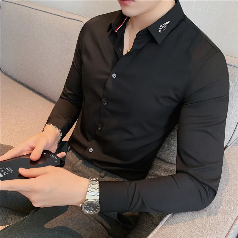 Nukty British Style Men's Long Sleeved Shirt - Slim Fit, Anti-Wrinkle, Casual Dress Shirt