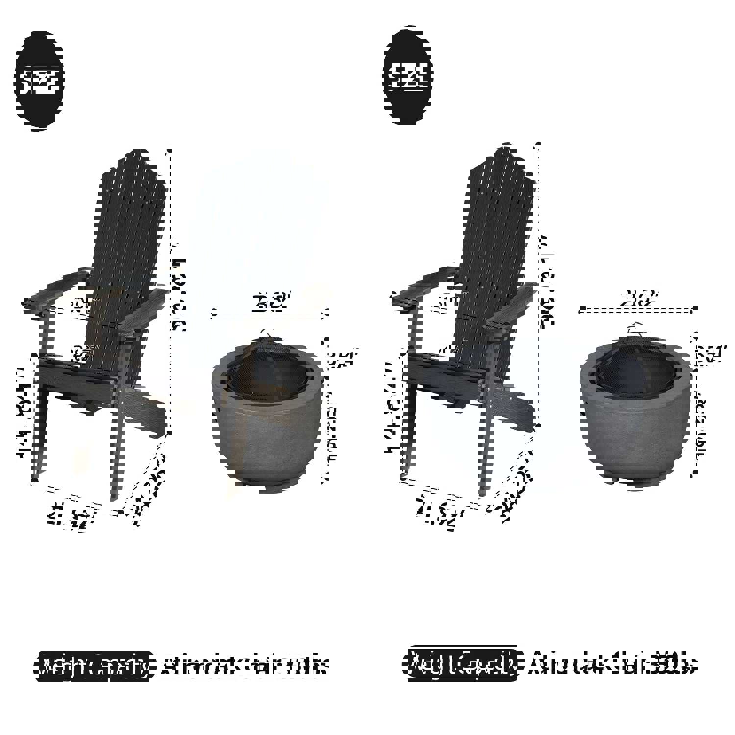 Ovios 3-Piece Outdoor Adirondack Chair Set with Dark Grey Fire Pit