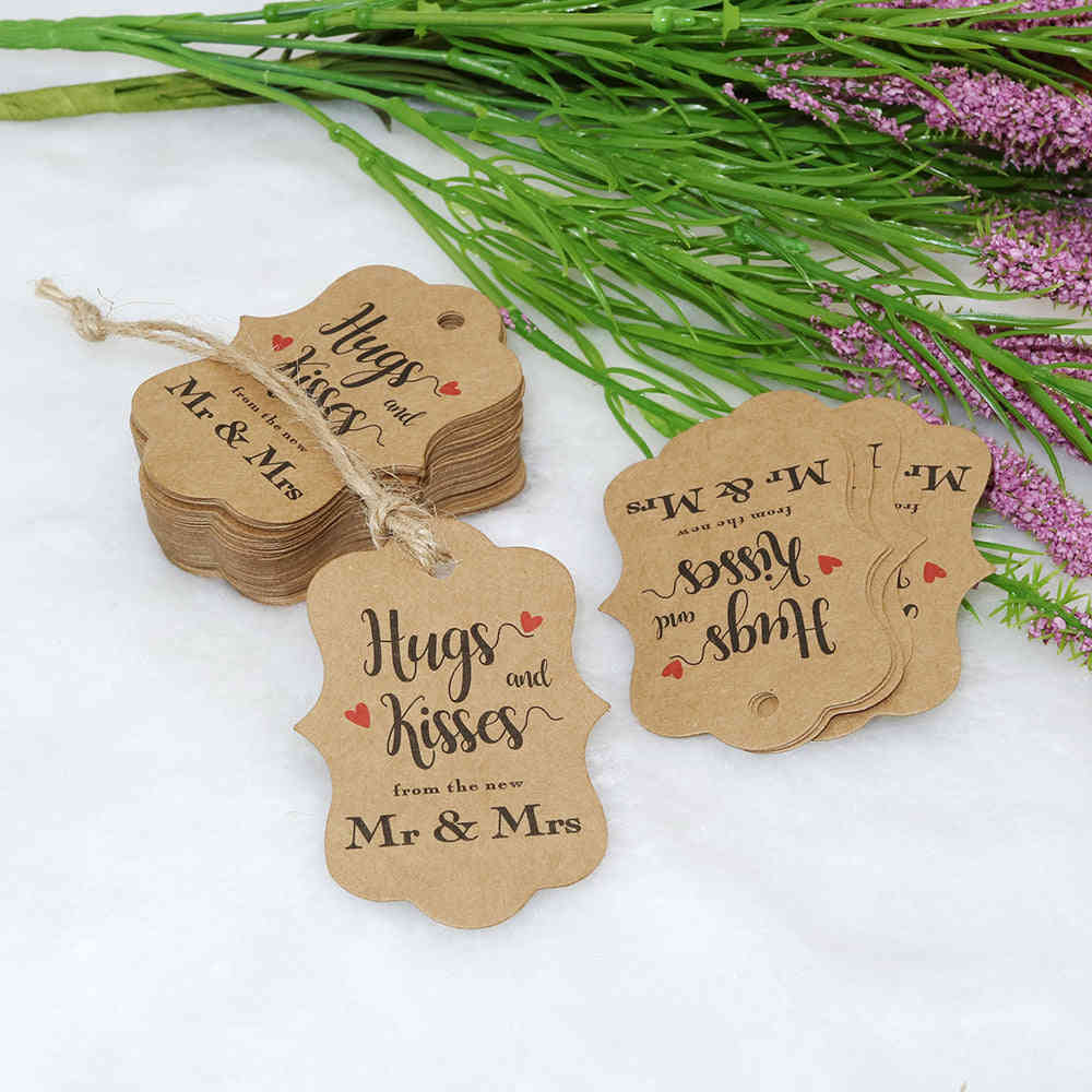Original Design 100PCS Hug & Kisses Wedding Favor Gift Tags with Jute Twine for Bridal Baby Shower Anniversary
