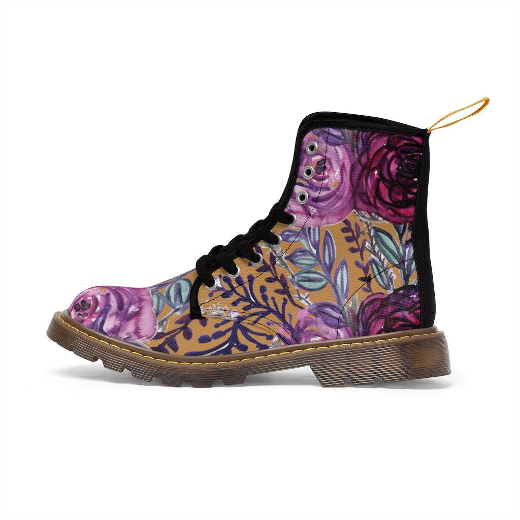 Brown Purple Floral Women's Boots - Vintage Style Combat Hiking Boots