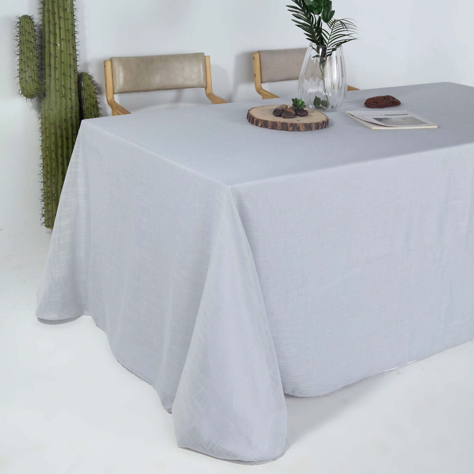 Silver Seamless Rectangular Tablecloth - Linen Look, Wrinkle Resistant, 90x132 Inches