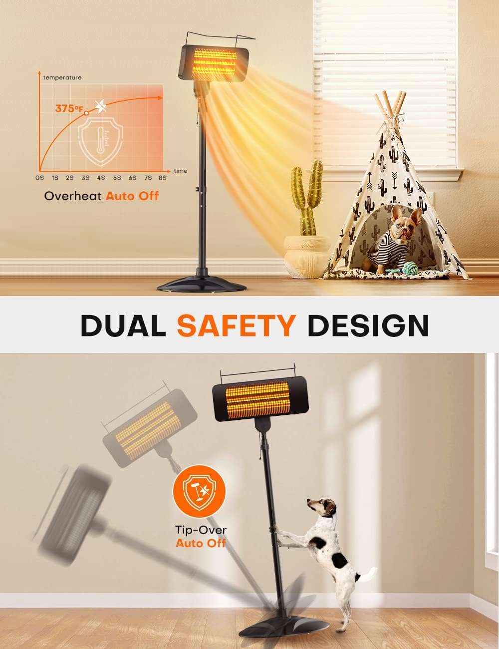 1500W Outdoor Infrared Garage Heater with 3 Speeds, Fast Heating for Patio and Indoor Pet Use