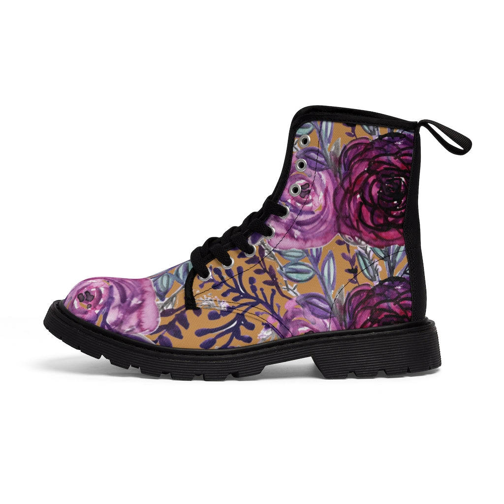 Brown Purple Floral Women's Boots - Vintage Style Combat Hiking Boots