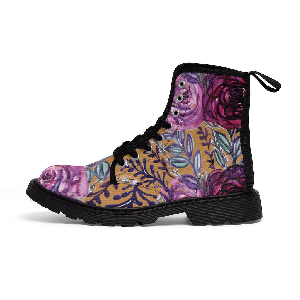 Brown Purple Floral Women's Boots - Vintage Style Combat Hiking Boots