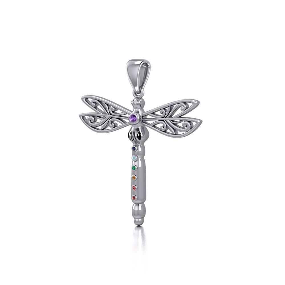 Spiritual Dragonfly Silver Pendant with Chakra Gems TPD5055