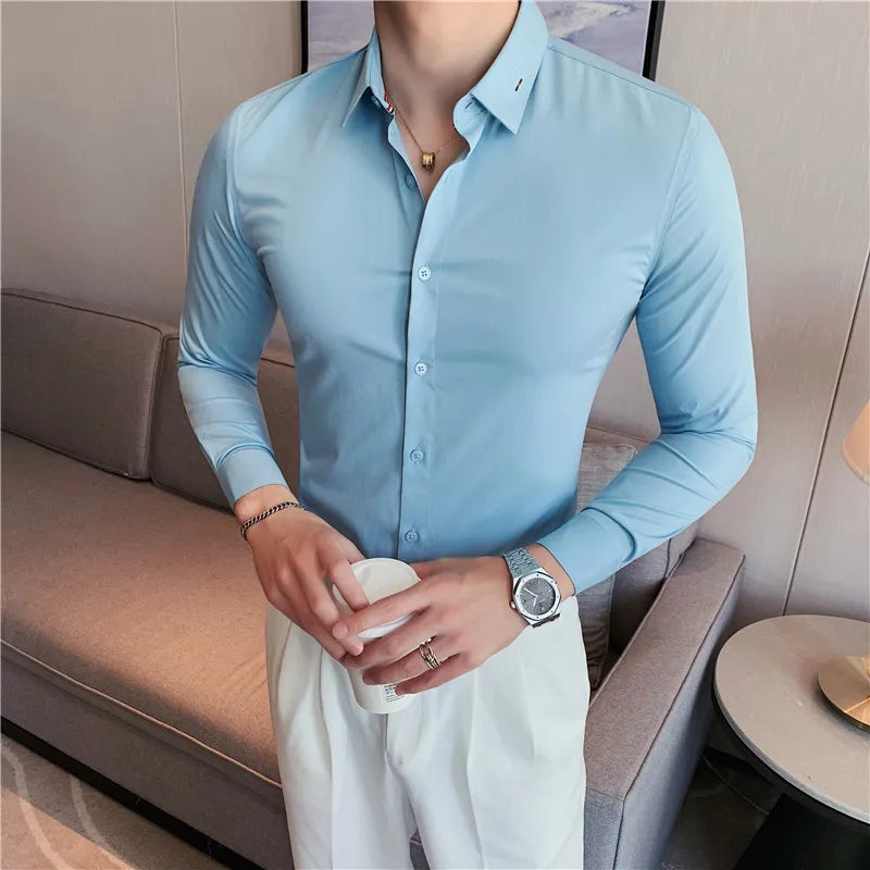 Nukty British Style Men's Long Sleeved Shirt - Slim Fit, Anti-Wrinkle, Casual Dress Shirt