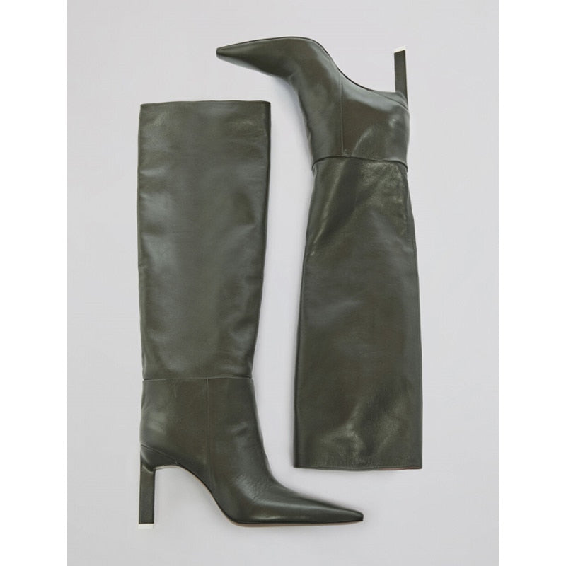 Autumn and Winter Fashion Leather Boots - Pointed Toe High Heel