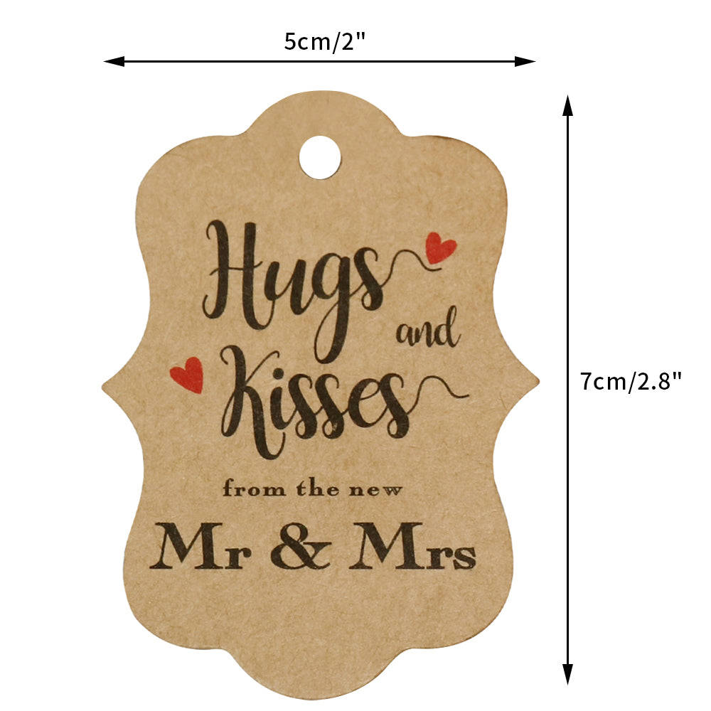 Original Design 100PCS Hug & Kisses Wedding Favor Gift Tags with Jute Twine for Bridal Baby Shower Anniversary