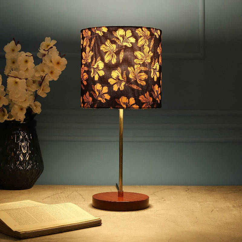 BTR CRAFTS Light Gold Rod & Brown Wooden Base Table Lamp with Premium Color Shade