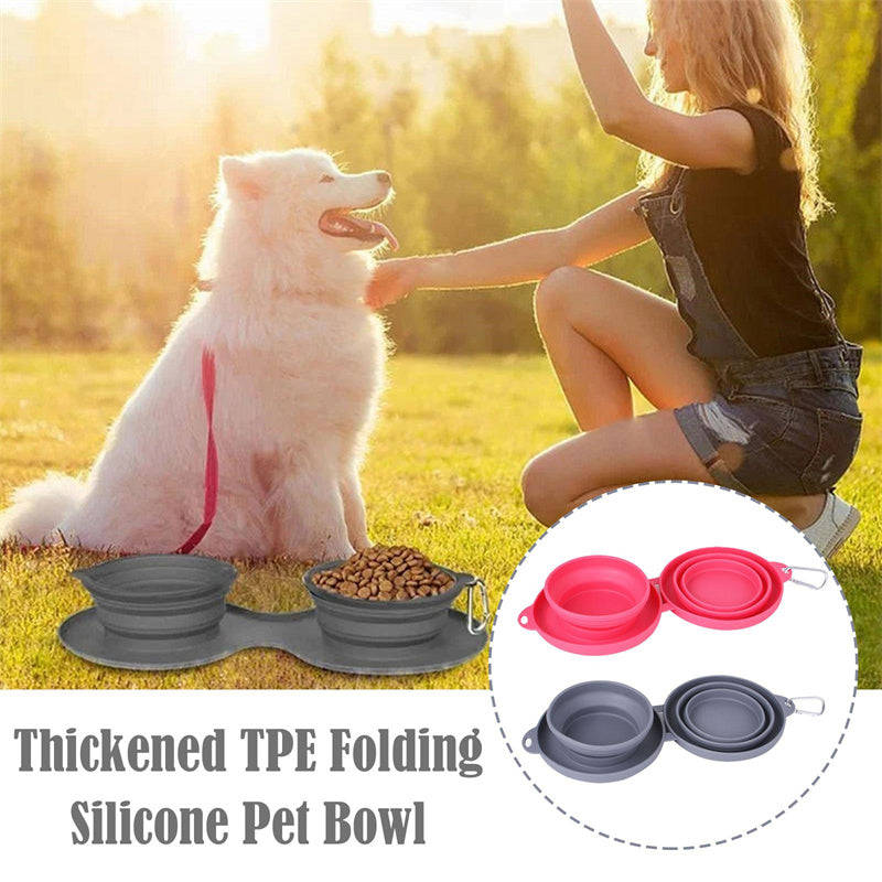 Rubber Foldable Double Bowl Pet Feeding Bowl for Dogs and Cats