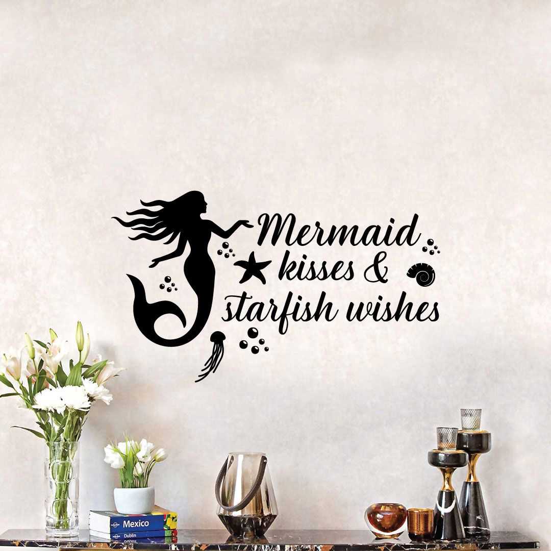 Inspirational Quote Vinyl Wall Sticker Decal - Starfish Wishes Mermaid Silhouette