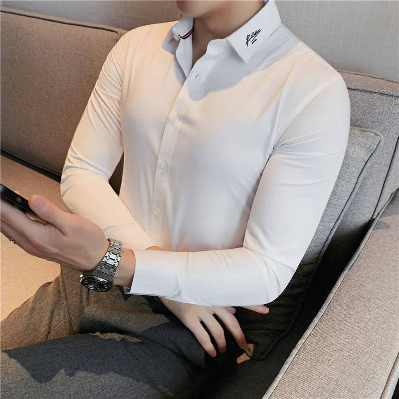 Nukty British Style Men's Long Sleeved Shirt - Slim Fit, Anti-Wrinkle, Casual Dress Shirt