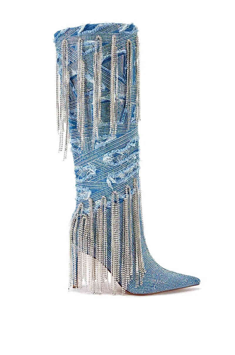 Denim Cowgirl Boot with Rhinestone Details