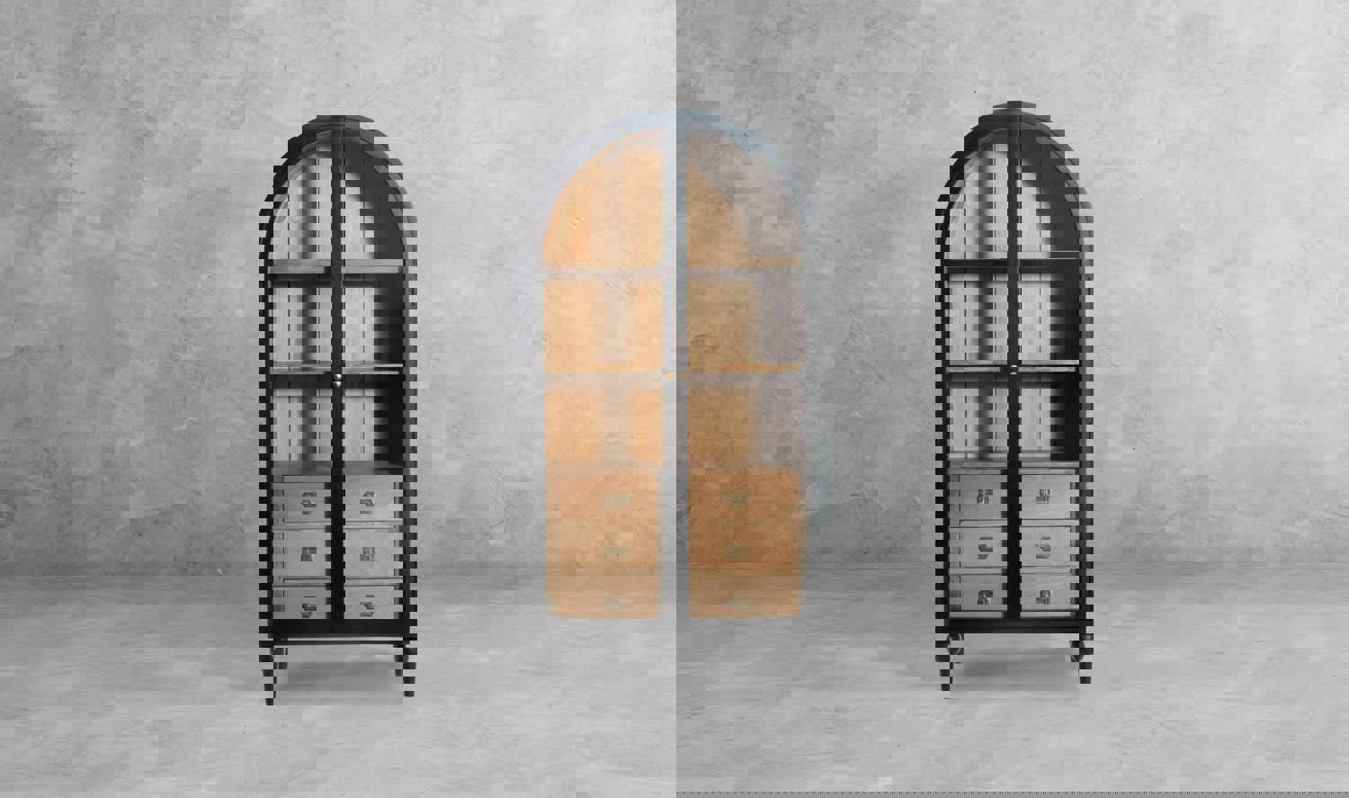 Fox & Roe Fern Glass Cabinet with Drawer Storage in Black Wash & Natural Finishes