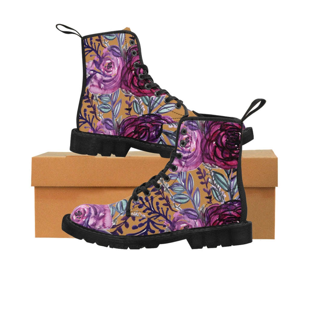 Brown Purple Floral Women's Boots - Vintage Style Combat Hiking Boots