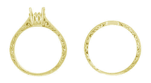 Yellow Gold Art Deco Contoured Engraved Scrolls Wedding Band