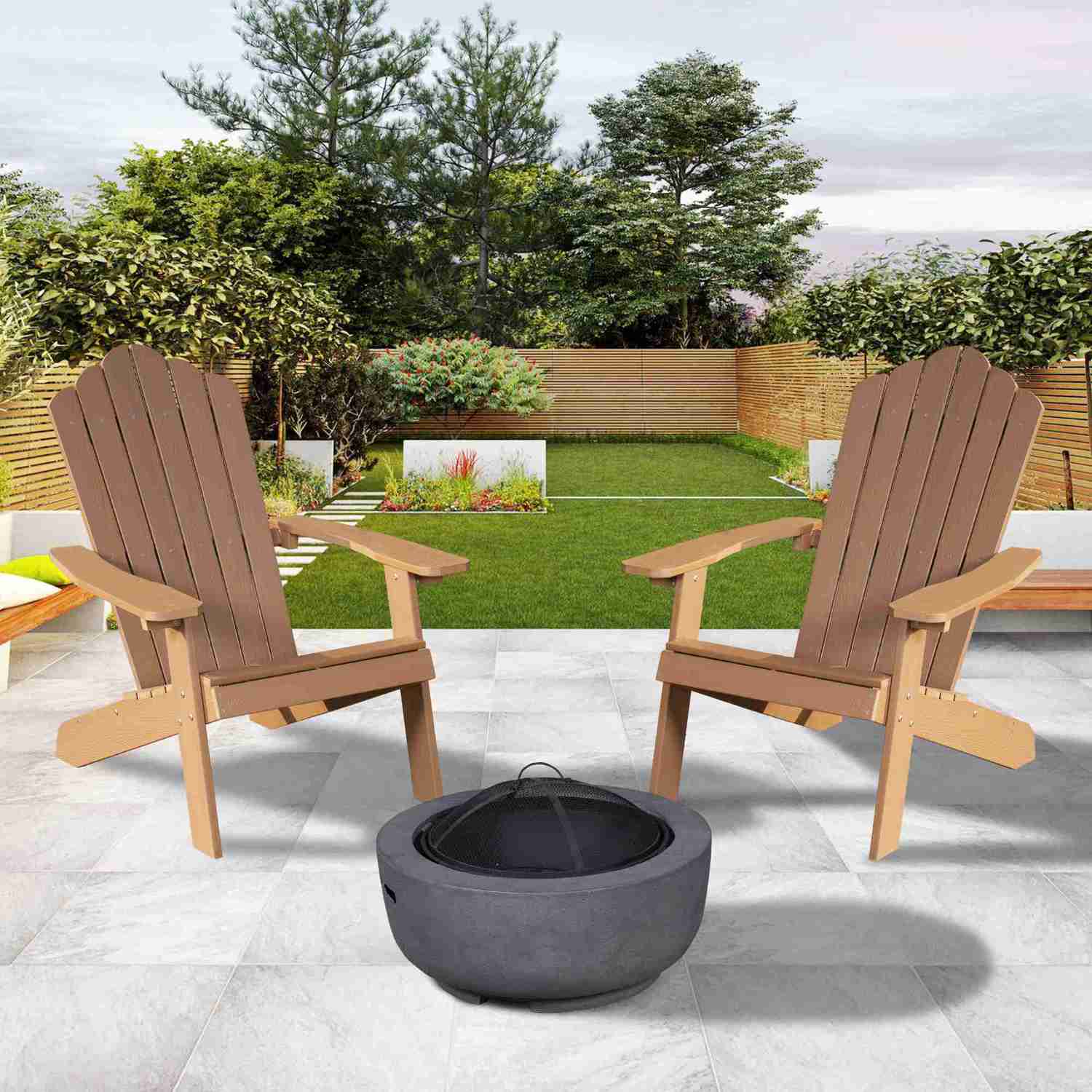Ovios 3-Piece Outdoor Adirondack Chair Set with Dark Grey Fire Pit