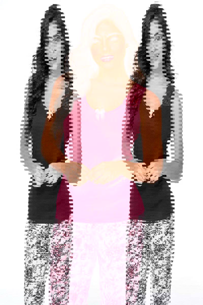 Adele Red Wine Top and Rose Print Pants Pajama Set