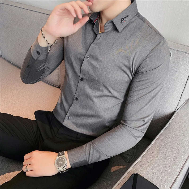 Nukty British Style Men's Long Sleeved Shirt - Slim Fit, Anti-Wrinkle, Casual Dress Shirt