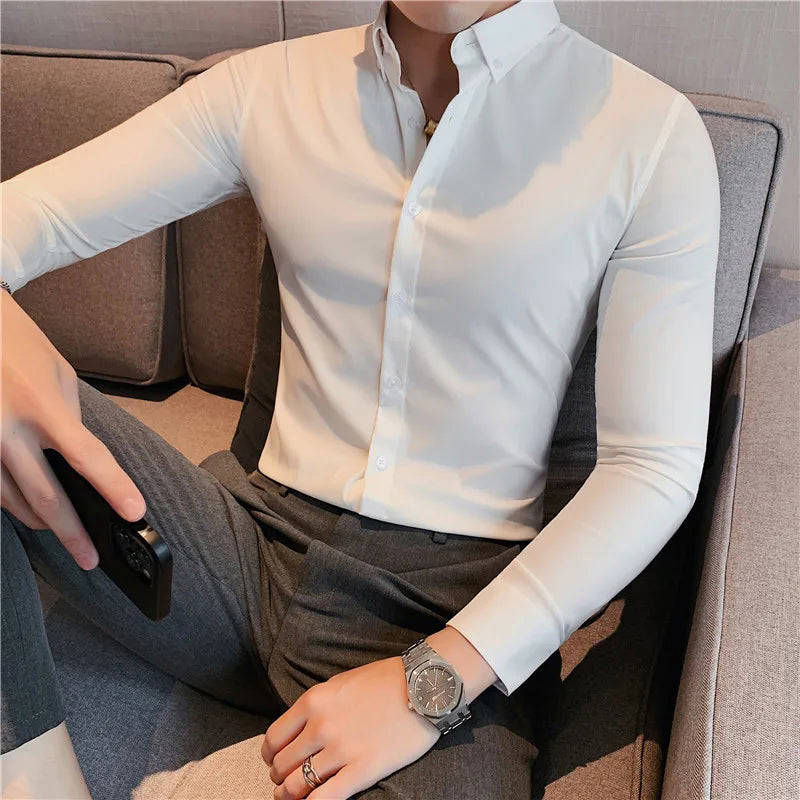 Nukty British Style Men's Long Sleeved Shirt - Slim Fit, Anti-Wrinkle, Casual Dress Shirt