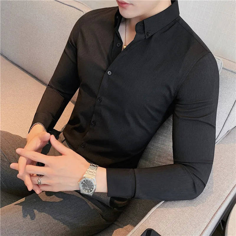 Nukty British Style Men's Long Sleeved Shirt - Slim Fit, Anti-Wrinkle, Casual Dress Shirt