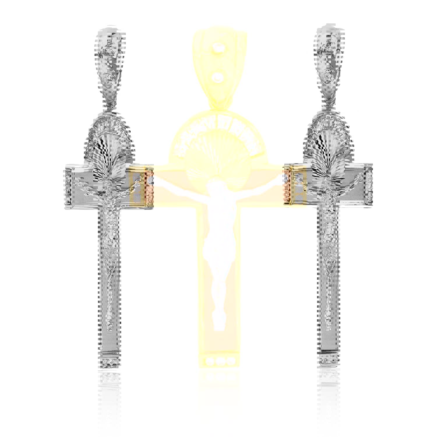 14K Gold Tricolor 70x35mm Cross Pendant