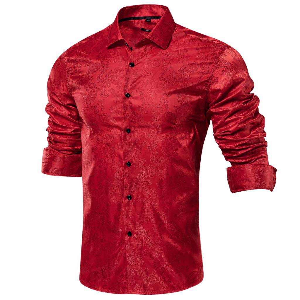 Red Wine Solid Paisley Silk Long Sleeve Shirt