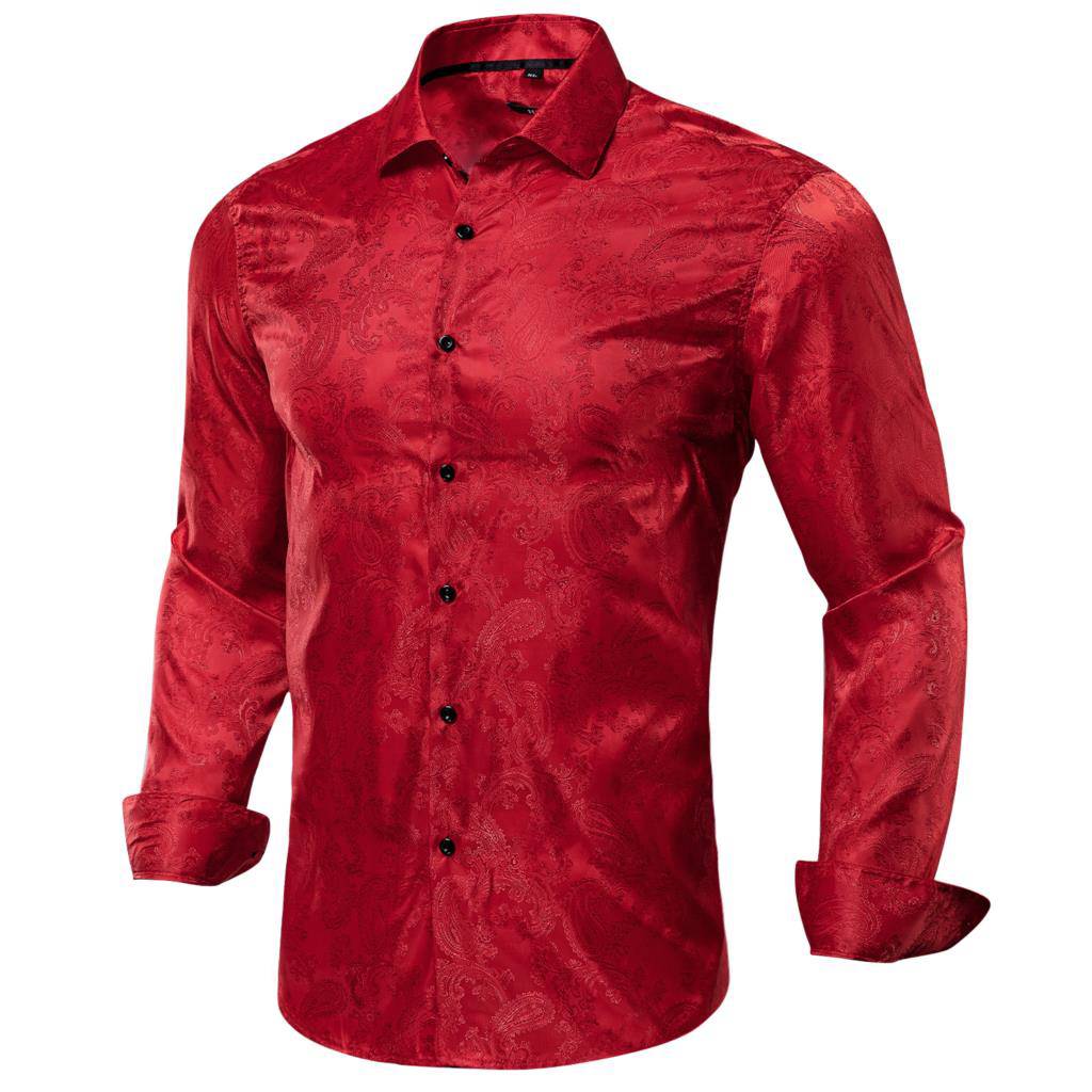 Red Wine Solid Paisley Silk Long Sleeve Shirt