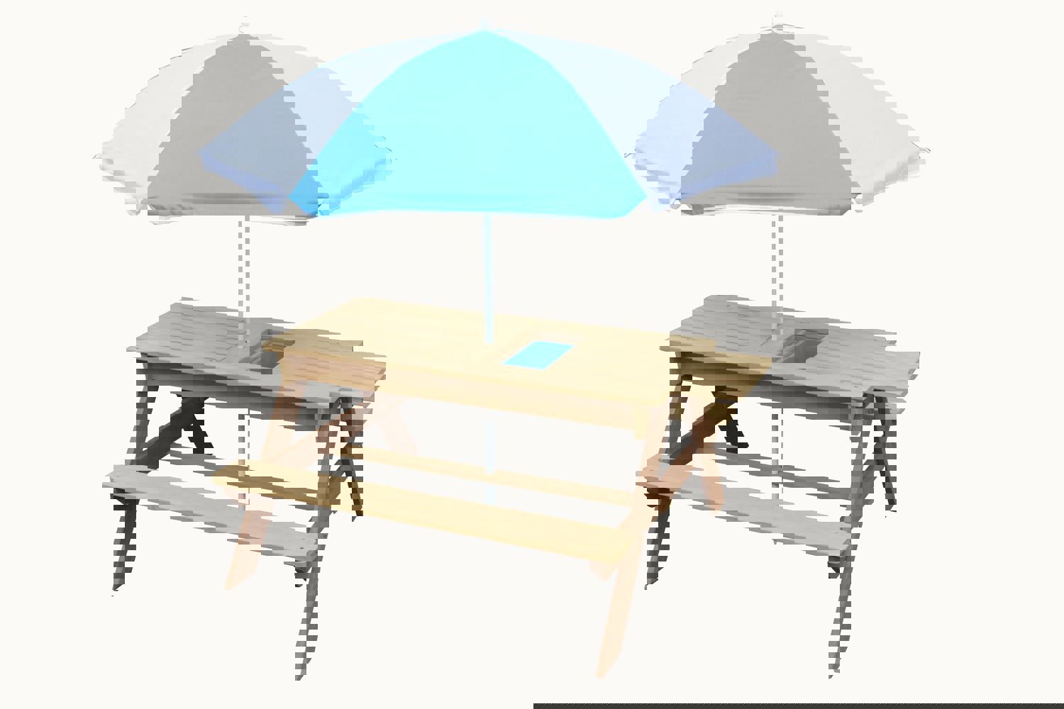 BTExpert Kids 3-in-1 Sand Water Activity Table Wooden Outdoor Convertible Picnic Table Bench with Adjustable Umbrella