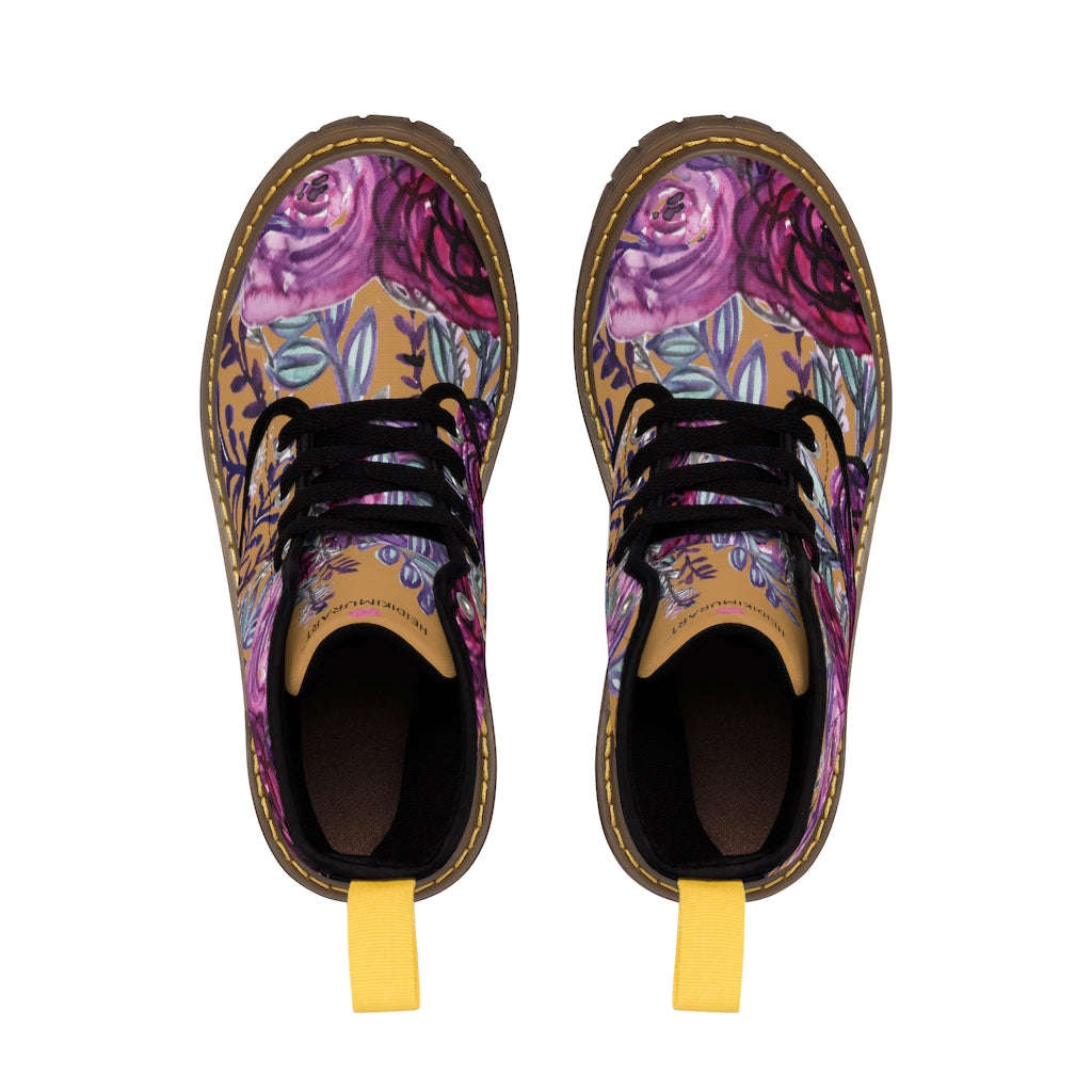 Brown Purple Floral Women's Boots - Vintage Style Combat Hiking Boots